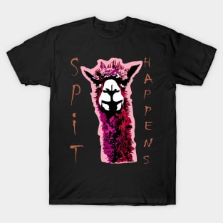 Quirky Llama SPIT HAPPENS Design - Funny Alpaca Head Art T-Shirt